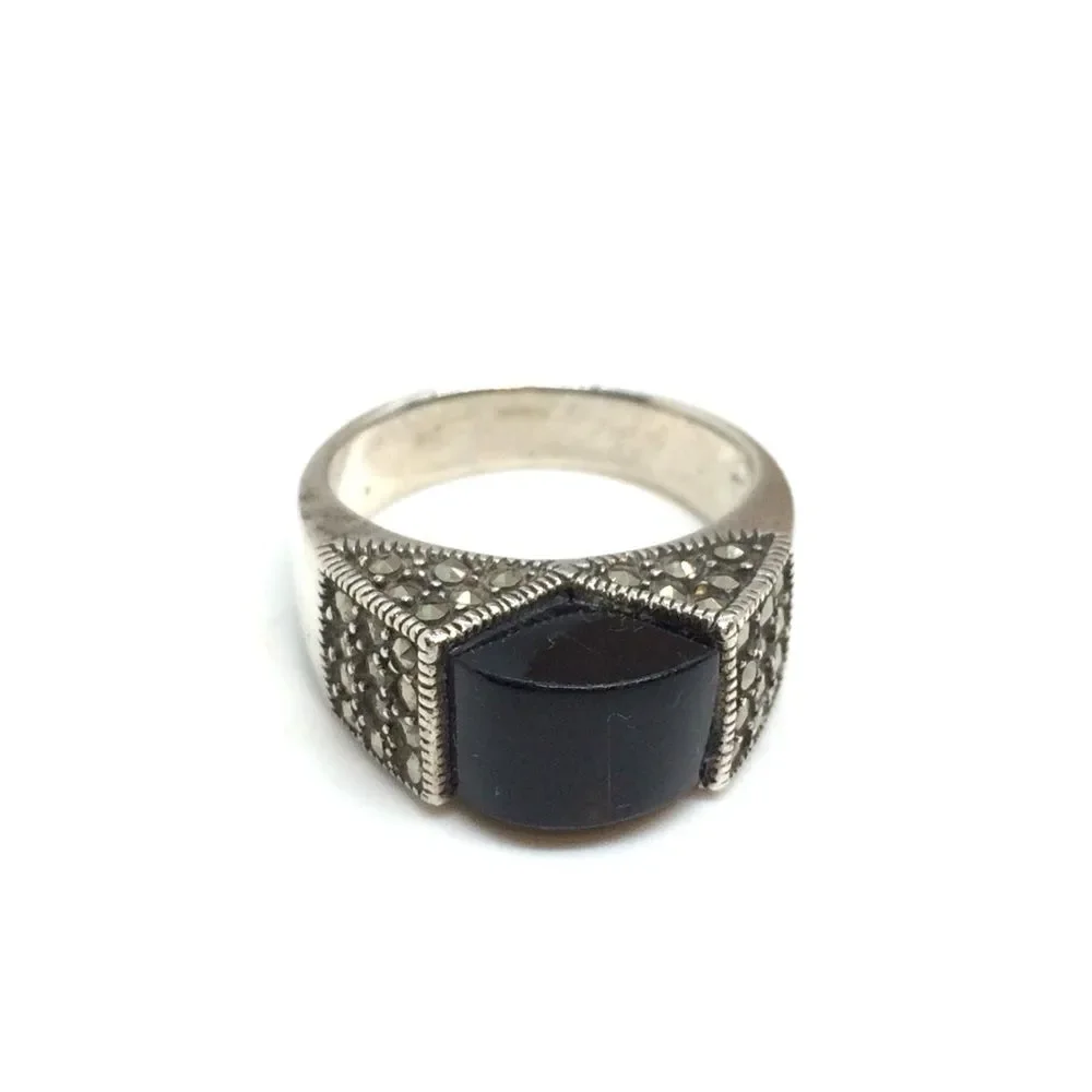 STERLING SILVER RING Black Stone Marcasite Domed Statement Boho Sz 9.25